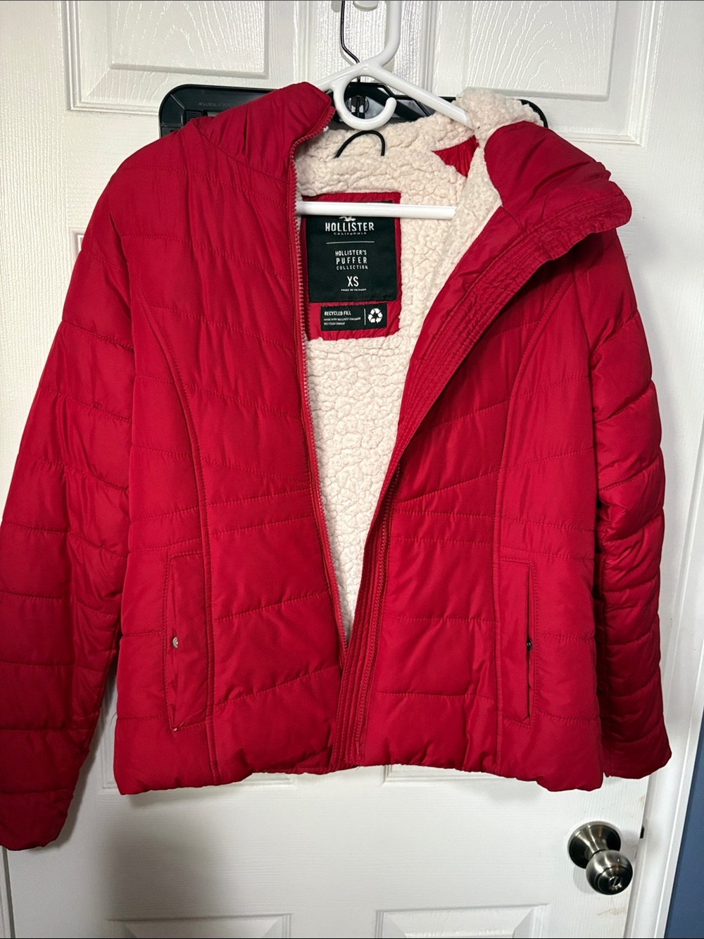 Hollister Red Quilted Puffer Jacket with Sherpa Lining